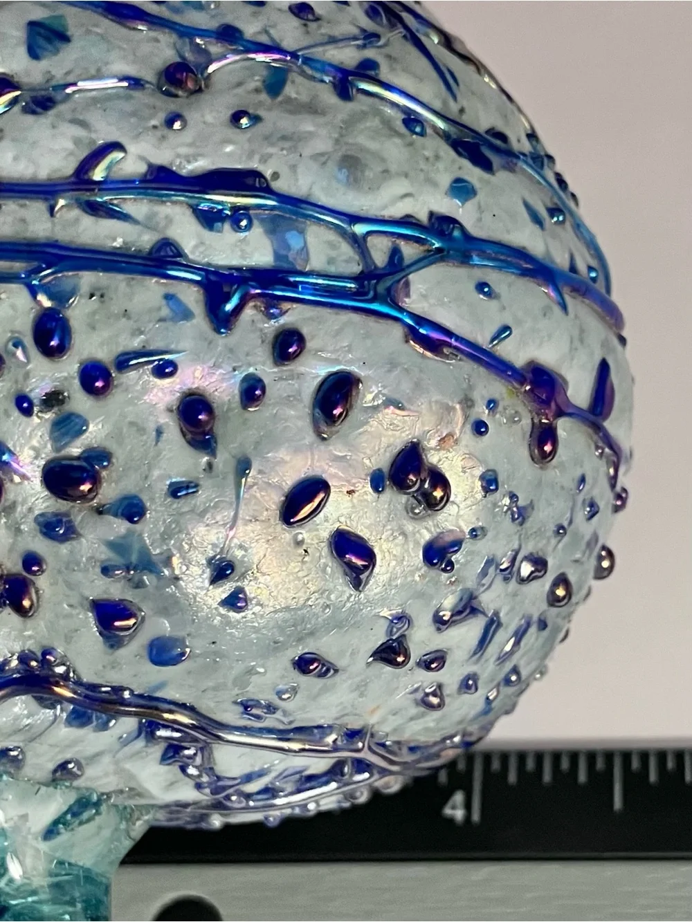 ART GLASS Iridescent Heart / SILVER & PEACOCK-BLUE / Thick, HAND-BLOWN Ornament